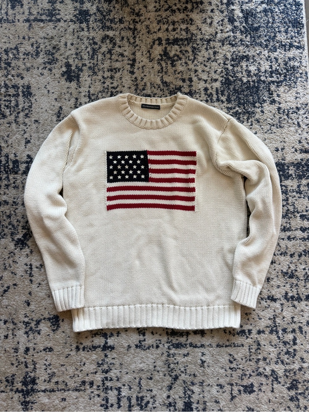 Brandy Melville Cream Crewneck with Red and Blue Flag Motif